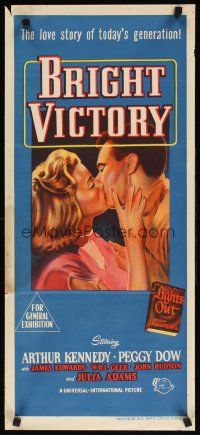 7c490 BRIGHT VICTORY Aust daybill '51 art of blind Arthur Kennedy kissing pretty Peggy Dow!