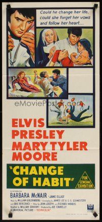 7c512 CHANGE OF HABIT Aust daybill '69 stone litho art of Dr. Elvis Presley, Mary Tyler Moore!