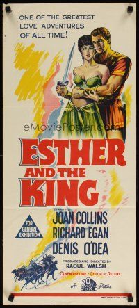 7c570 ESTHER & THE KING Aust daybill '60 Mario Bava, sexy Joan Collins & Richard Egan embracing!