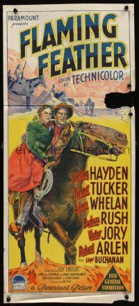 7c582 FLAMING FEATHER Aust daybill '52 Richardson Studio artwork of Sterling Hayden on horseback!