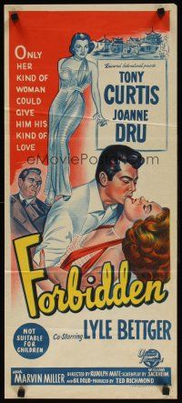 7c588 FORBIDDEN Aust daybill '54 Joanne Dru could give Tony Curtis the kind of love he needed!