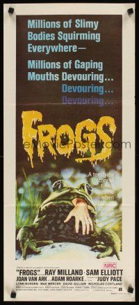 7c595 FROGS Aust daybill '72 horror art of man-eating amphibian w/hand hanging from mouth!