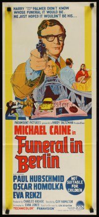 7c596 FUNERAL IN BERLIN Aust daybill '67 cool stone litho art of Michael Caine pointing gun!