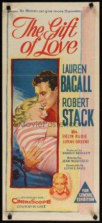 7c605 GIFT OF LOVE Aust daybill '58 great romantic close up art of Lauren Bacall & Robert Stack!