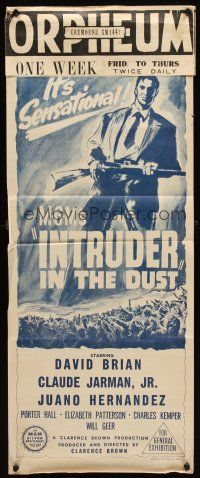 7c662 INTRUDER IN THE DUST Aust daybill '49 William Faulkner, art of man with rifle over crowd!