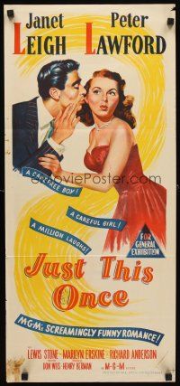 7c672 JUST THIS ONCE Aust daybill '52 great art of Peter Lawford whispering to sexy Janet Leigh!