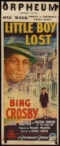 7c691 LITTLE BOY LOST Aust daybill '53 cool art of Bing Crosby looming over WWII orphan on street!