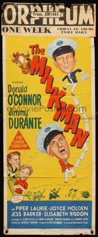 7c734 MILKMAN Aust daybill '50 wacky art of Donald O'Connor & Jimmy Durante + sexy Piper Laurie!