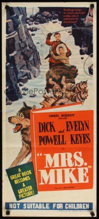 7c744 MRS. MIKE Aust daybill '49 stone litho of Evelyn Keyes & Mountie Dick Powell on dogsled!