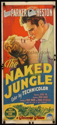 7c747 NAKED JUNGLE Aust daybill '54 Richardson Studio art of Charlton Heston & Eleanor Parker!