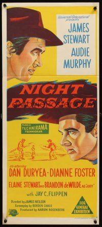 7c752 NIGHT PASSAGE Aust daybill '57 cool stone litho art of Jimmy Stewart & Audie Murphy!