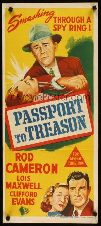 7c778 PASSPORT TO TREASON Aust daybill '56 Rod Cameron, Lois Maxwell, smashing through spy ring!