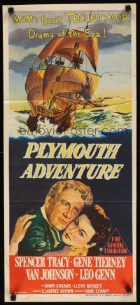 7c787 PLYMOUTH ADVENTURE Aust daybill '52 Spencer Tracy, Gene Tierney, cool art of ship at sea!