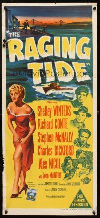 7c800 RAGING TIDE Aust daybill '51 art of sexy bad girl Shelley Winters & ship in ocean!