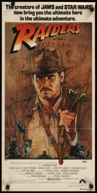 7c801 RAIDERS OF THE LOST ARK Aust daybill '81 art of adventurer Harrison Ford by Richard Amsel!