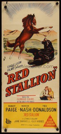 7c809 RED STALLION Aust daybill '47 cool artwork of wild horse fighting grizzly bear!