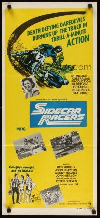 7c847 SIDECAR RACERS Aust daybill '75 motorcycle racing from Down Under, 2 guys, 1 girl, no brakes
