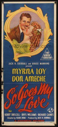7c856 SO GOES MY LOVE Aust daybill '46 romantic stone litho art of Myrna Loy & Don Ameche!