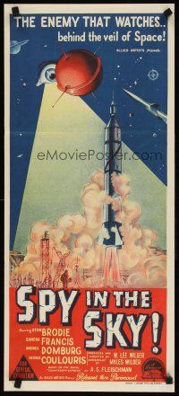 7c868 SPY IN THE SKY Aust daybill '58 secret agents of the satellite era, cool rocket launch art!