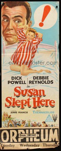 7c888 SUSAN SLEPT HERE Aust daybill '54 great artwork of sexy Debbie Reynolds sprawled out on bed!