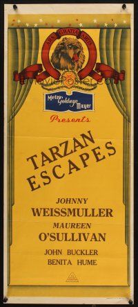 7c899 TARZAN ESCAPES stock Aust daybill R40s Johnny Weissmuller, Maureen O'Sullivan, Cheeta!