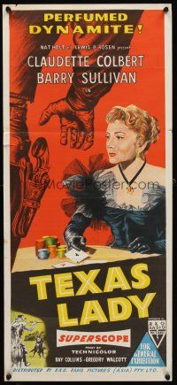 7c901 TEXAS LADY Aust daybill '55 art of perfumed dynamite Claudette Colbert gambling!