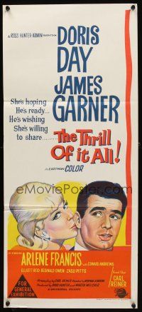 7c910 THRILL OF IT ALL Aust daybill '63 wonderful artwork of Doris Day kissing James Garner!