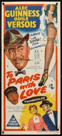7c920 TO PARIS WITH LOVE Aust daybill '55 stone litho art of Alec Guinness & sexy leg!