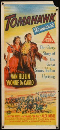 7c923 TOMAHAWK Aust daybill '51 art of Van Heflin & Yvonne De Carlo, great Sioux Indian uprising!