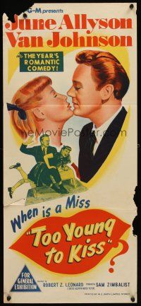 7c928 TOO YOUNG TO KISS Aust daybill '51 romantic artwork of Van Johnson & June Allyson!