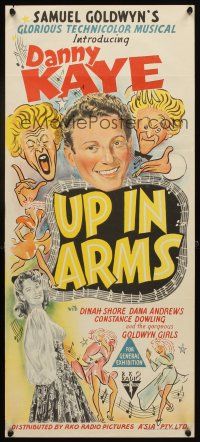 7c951 UP IN ARMS Aust daybill '44 Hirschfeld art of funnyman Danny Kaye & sexy Dinah Shore!