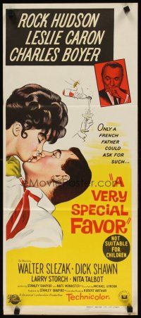 7c958 VERY SPECIAL FAVOR Aust daybill '65 Rock Hudson kisses sexy Leslie Caron, Charles Boyer!