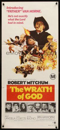 7c986 WRATH OF GOD Aust daybill '72 priest Robert Mitchum, not exactly what the Lord had in mind!