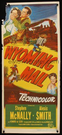 7c988 WYOMING MAIL Aust daybill '50 Stephen McNally, Alexis Smith & train hijacked by outlaws!