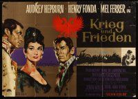 7c167 WAR & PEACE German 33x47 R60s art of Audrey Hepburn, Henry Fonda & Mel Ferrer, Tolstoy epic!