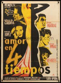 7c041 AMOR EN 4 TIEMPOS Mexican poster '55 Arturo de Cordova, Silvia Pinal, Resortes, sexy art!