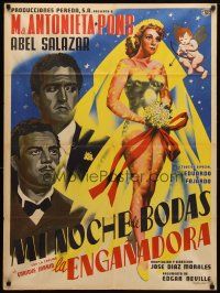 7c077 LA ENGANADORA Mexican poster '55 beautiful bride being shot by Cupid, The Deceiver!