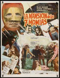 7c081 LA MANSION DE LAS 7 MOMIAS Mexican poster '77 masked wrester luchador Blue Demon!