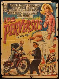 7c097 LOS PERVERSOS Mexican poster '67 cool art of sexy girl, rebel on motorcycle!
