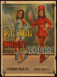 7c115 WHISKY & VODKA Mexican poster '65 cool art of sexy sisters Emilia & Pilar Bayona!