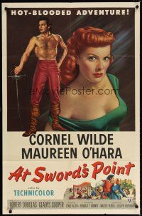 7d159 AT SWORD'S POINT 1sh '52 full-length barechested Cornel Wilde, sexy Maureen O'Hara!