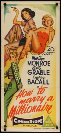 7d077 HOW TO MARRY A MILLIONAIRE Aust daybill '53 Marilyn Monroe, Betty Grable & Lauren Bacall!