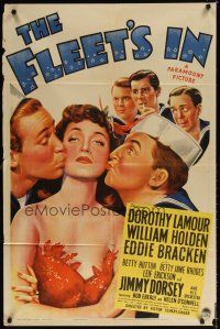 7d123 FLEET'S IN 1sh '42 art of Dorothy Lamour smooched by sailors William Holden & Eddie Bracken!
