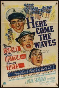 7d129 HERE COME THE WAVES 1sh '44 art of Navy sailor Bing Crosby & Betty Hutton singing!