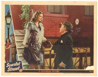 7d351 SCARLET STREET LC '45 Fritz Lang film noir, Edward G. Robinson w/ Joan Bennett in raincoat!