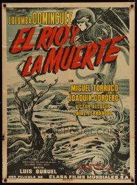7d019 EL RIO Y LA MUERTE Mexican poster '54 Luis Bunuel, cool art of Death looming over river!