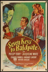 7d225 SEVEN KEYS TO BALDPATE style A 1sh '47 art of sexy Jacqueline White & Phillip Terry!