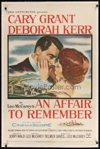 7e189 AFFAIR TO REMEMBER linen 1sh '57 romantic c/u art of Cary Grant about to kiss Deborah Kerr!