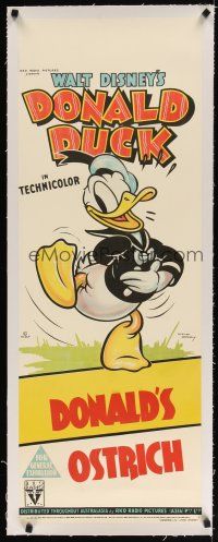 7e061 DONALD'S OSTRICH linen long Aust daybill '37 Disney, stone litho of Donald Duck by McMurray!