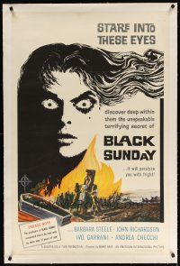 7e196 BLACK SUNDAY linen 1sh '61 Bava, deep in this demon's eyes is a hidden unspeakable secret!
